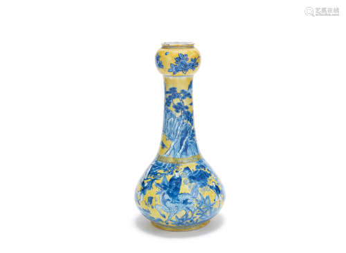 A yellow-ground Ming-style 'landscape' garlic-head pear-shaped vase Kangxi