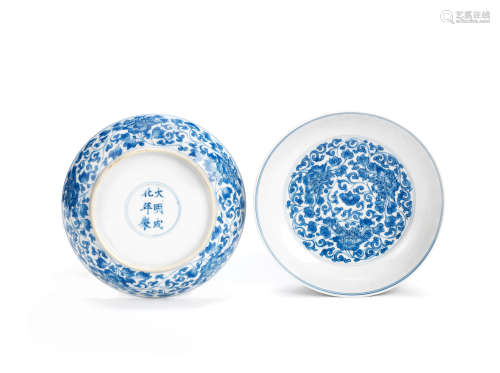 A pair of blue and white 'lotus' dishes Chenghua six-character marks, Kangxi