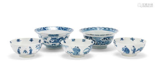 A group of five blue and white bowls Kangxi
