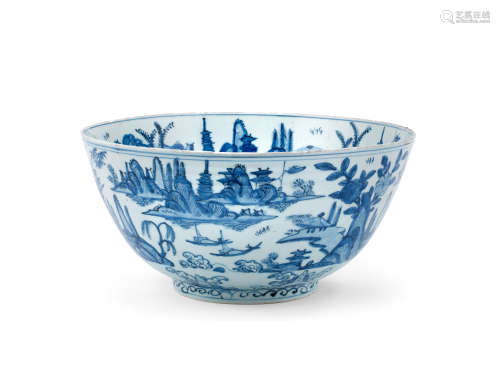 A large blue and white 'landscape' bowl Wanli