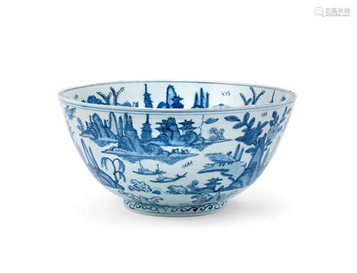 A large blue and white 'landscape' bowl Wanli