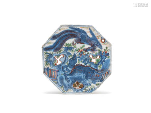 An underglaze blue and polychrome pierced octagonal plaque Probably late Ming Dynasty