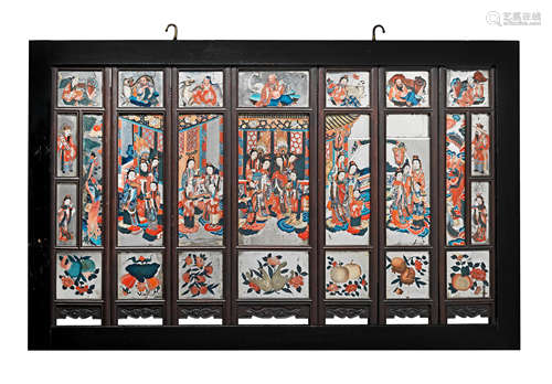 A seven-leaf folding reverse glass painted mirror screen 19th century