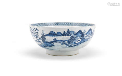 A large blue and white 'landscape' punch bowl 18th century