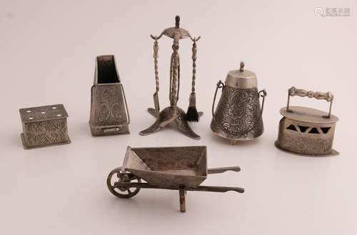 6 Silver miniatures, Fireplace etc.