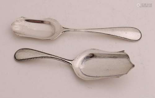 Silver tea + sugar scoop, 1884