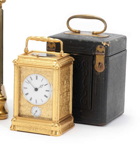 A good second half of the 19th century French engraved gorge cased petite sonnerie striking and repeating carriage clock in original case Numbered 702