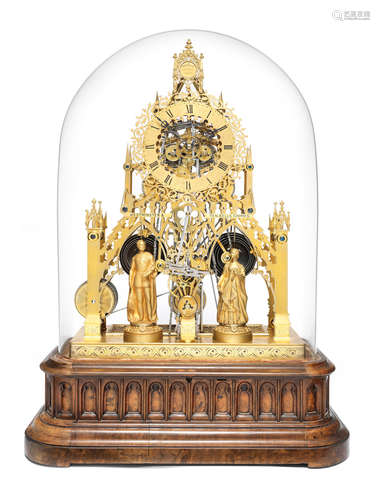 A very fine late 19th century Exhibition-quality, quarter chiming skeleton clock with special escapement, remote winding and remote hand setting, with the original glass dome and walnut base Camerer Kuss & Co, 56 New Oxford St, London