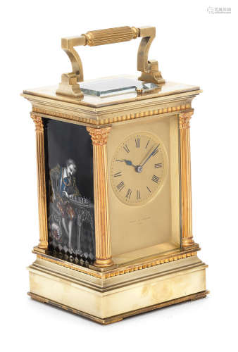 A late 19th century French brass Limoges-panelled striking and repeating carriage clock, Retailed by Mackay and Chisholm, Paris, movement number 2360