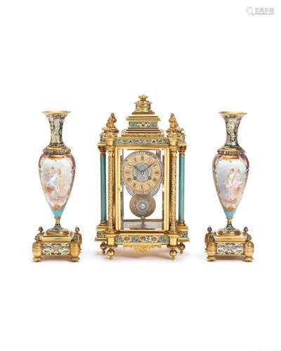 A fine late 19th century brass and cloisonné enamel mantel clock with a pair of associated vases Japy Freres, no.12309