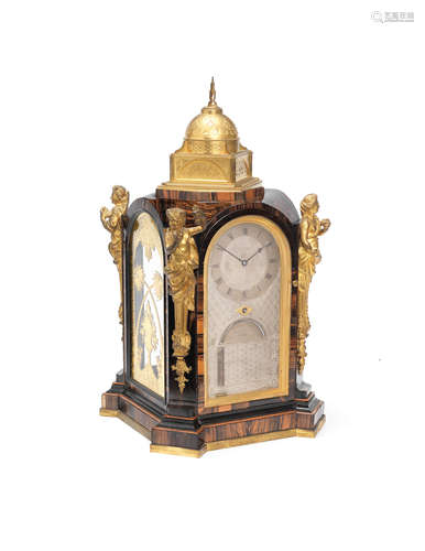 A unique and previously unrecorded mid 19th century engraved and gilt brass-mounted, coromandel calendar timepiece with long duration movement and thermometer Retailed by Howell James and Co, supplied by Thomas Cole, London. The later movement stamped AB 2803