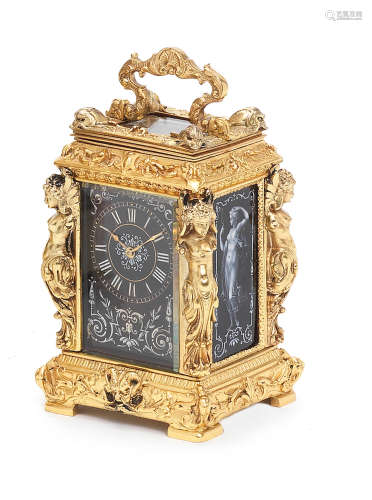 A fine late 19th century French gilt brass caryatid cased carriage clock with four Limoges enamel panels Drocourt, No: 19481 2