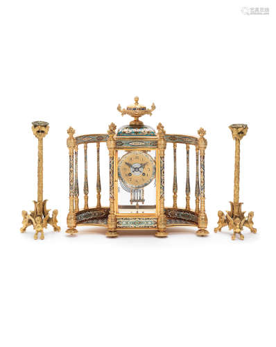 A good late 19th century brass and cloisonné enamel colonnade mantel clock together with a pair of gilt brass candlesticks Marti, no.4530 3