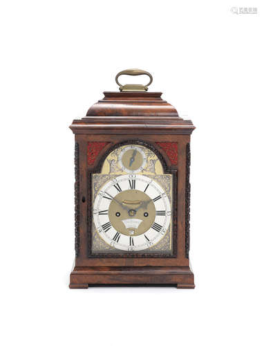 A FINE AND RARE MID 18TH CENTURY SILVER-MOUNTED CARVED MAHOGANY QUARTER REPEATING TABLE CLOCK Delander, London 2