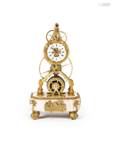 An early 19th century gilt bronze Great Wheel skeleton timepiece with fusee and pinwheel escapement Unsigned