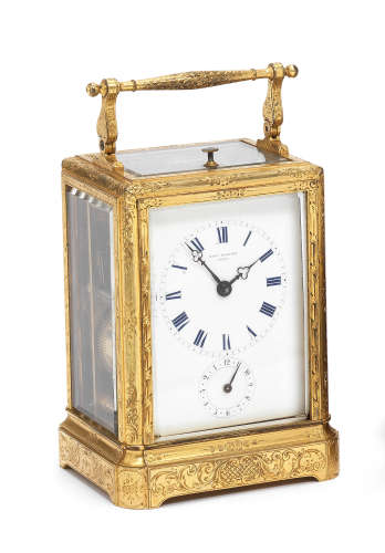 A good mid 19th century French engraved brass repeating carriage clock Paul Garnier, Paris, No. 3130 2