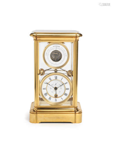 A VERY RARE 19TH CENTURY FRENCH 400-DAY DURATION FOUR-GLASS MANTEL CLOCK WITH POWER RESERVE INDICATION AND ANEROID BAROMETER, MADE FOR THE RUSSIAN MARKET