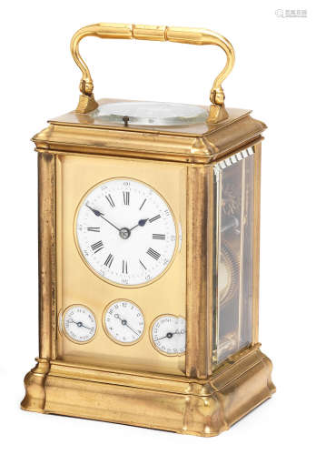 A rare late 19th century gilt brass gorge cased repeating carriage clock with subsidiary dials for alarm, date and day of the week. Numbered 1391 1