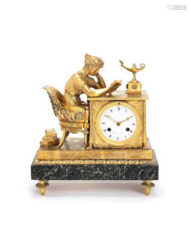 An early 19th century French ormolu and marble mantel clock representing 'Knowledge' Piolaine a Paris 3