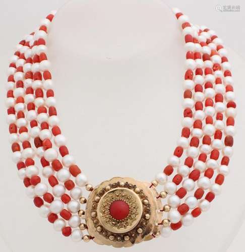 Pearls and red coral necklace with gold tone lock