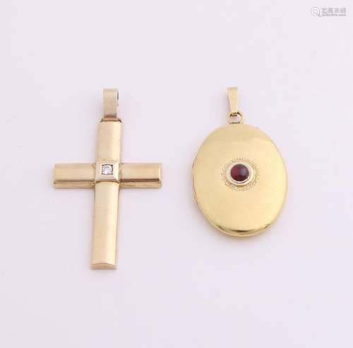 2 Gold on silver pendants, cross, medallion