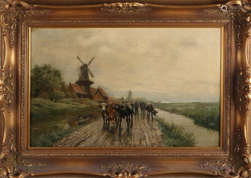 JH Limpert, Polder landscape with shepherd and cow…