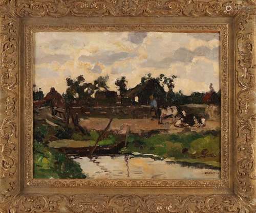 C. Noltee, Landscape with farm, farmer and cows