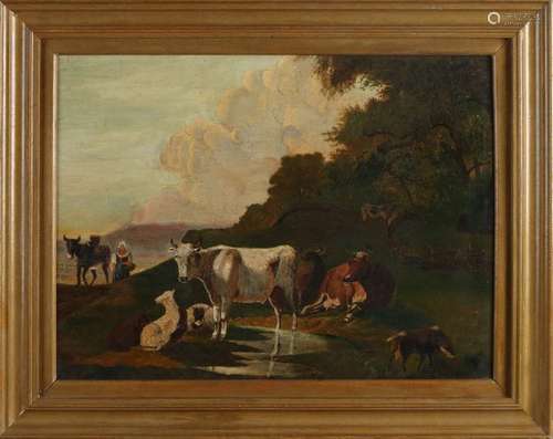 Not signed, Landscape with shepherdess and cattle