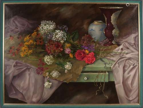 G. Vd Linden, Still life with flowers and pottery