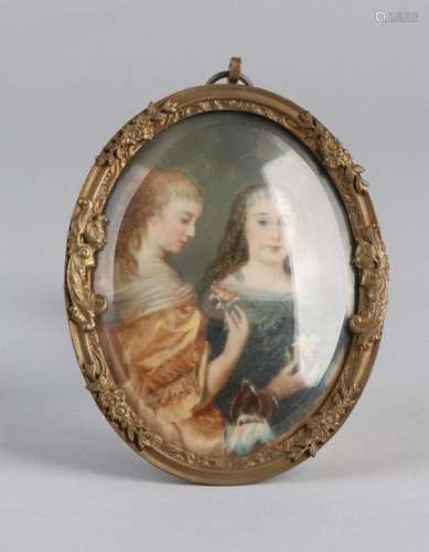 Double miniature portrait with girls and flowers