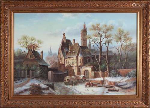 J. Fishman, Church view with figures in winter