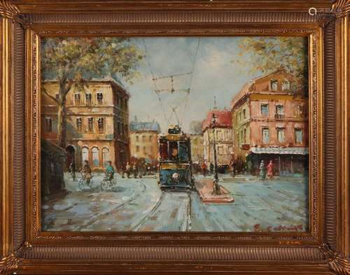 Unclear signed, Cityscape with tram and figures