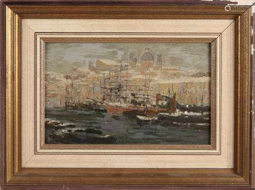 Indistinctly signed, Harbor view with sailing boat…