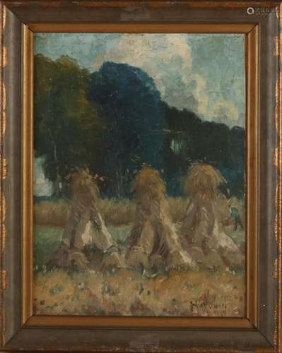 A. Verleur, Landscape with farmer and sheaves of w…