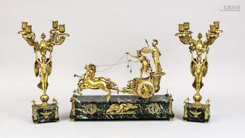 Chariot mantle clock + candlesticks, 1920