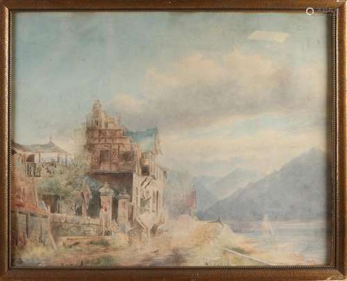 Unclearly signed, Mountain landscape with lake, bu…