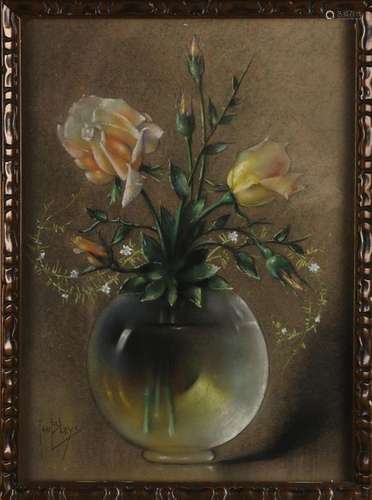 J. Bleys, Glass ball vase with yellow roses