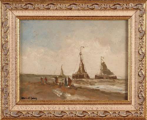 A. De Jong, Beach view with fishing folk and bomb …