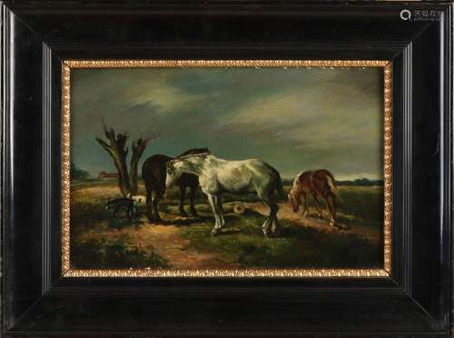 Not signed, Landscape with horses and goats near p…