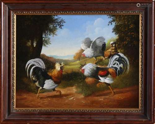 Pieter de Gryeff ?, Fighting roosters in landscape