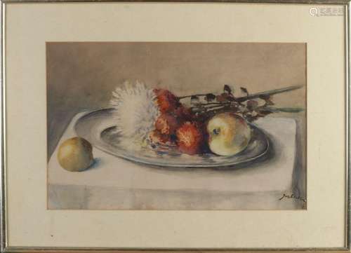 Still life with tin, flowers and fruit