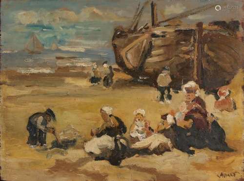 Unclear. Signed., Fishermen's women on beach near …