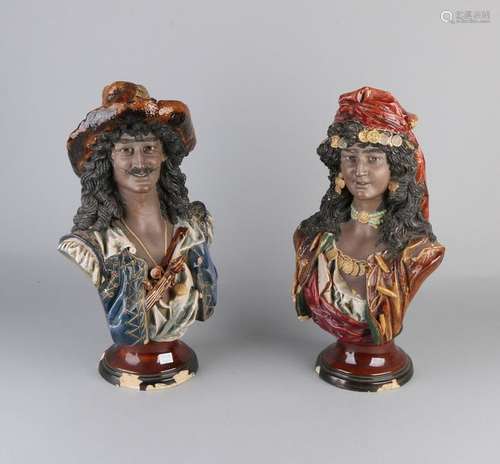 2x Antique Majolica busts