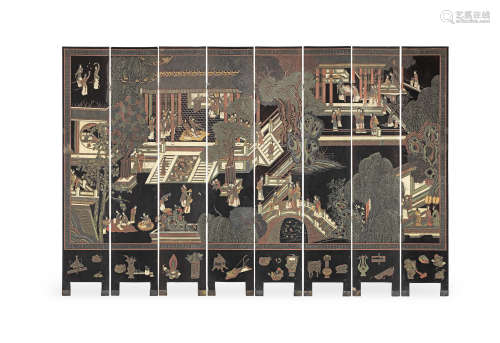 A coromandel lacquer eight-leaf 'Palace Ladies' screen Qing Dynasty