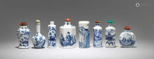 Eight blue and white snuff bottles  19th century
