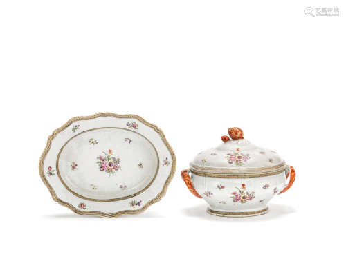 A famille rose export tureen, cover and stand  18th century