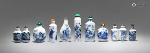 A small collection of nine blue and white snuff bottles  19th century