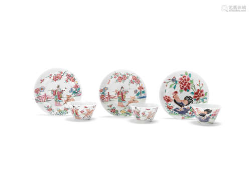 Three famille rose teabowls and saucers  18th century