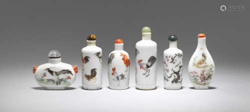 A group of six various enamelled 'cockerels' and 'birds' snuff bottles  Late Qing Dynasty/ Republic Period
