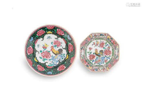 Two famille rose 'cockerel' dishes  Qianlong